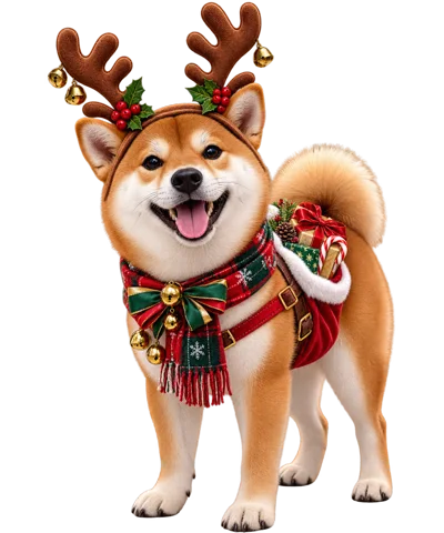 Shiba Inu Dog Wearing Christmas Reindeer Antlers And Scarf