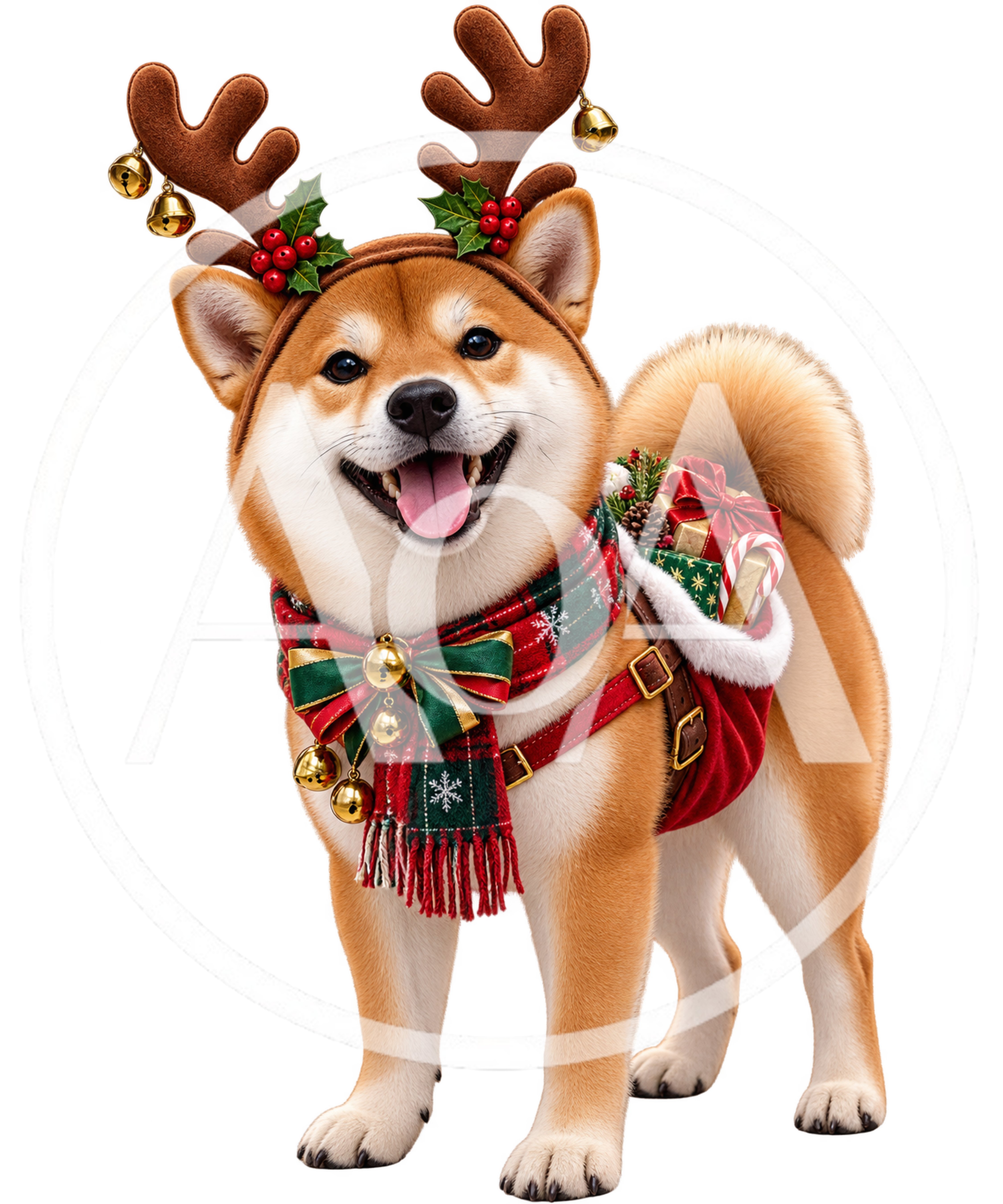Shiba Inu Dog Wearing Christmas Reindeer Antlers And Scarf