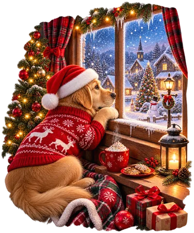 Golden Retriever Puppy Wearing Santa Hat Looking Out Window
