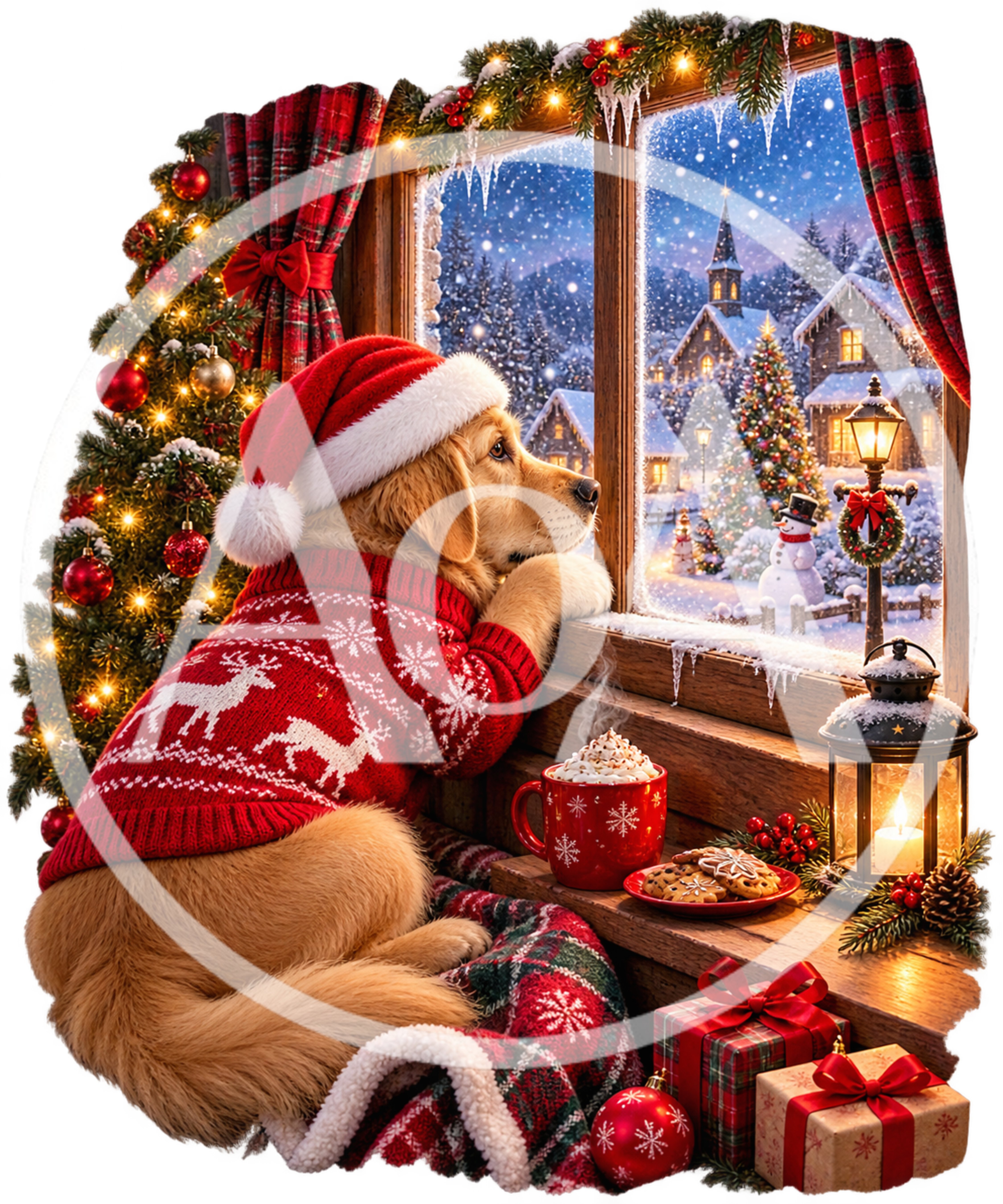 Golden Retriever Puppy Wearing Santa Hat Looking Out Window