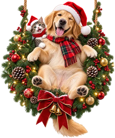 Golden Retriever and Kitten in Christmas Wreath
