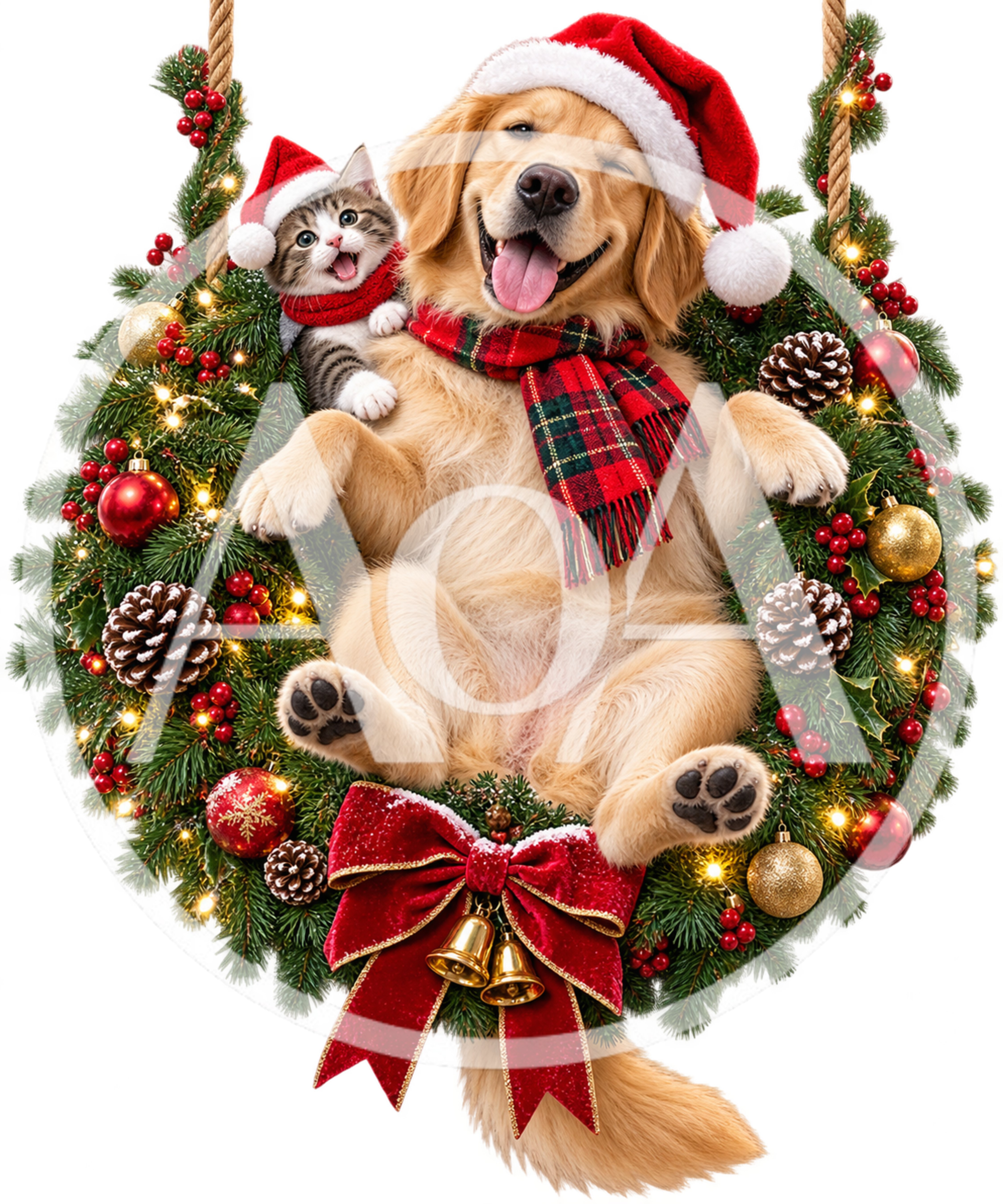 Golden Retriever and Kitten in Christmas Wreath