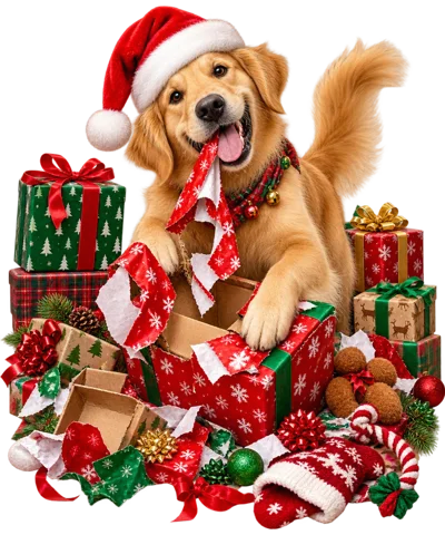 Golden Retriever Puppy Wearing Santa Hat Opening Christmas Presents