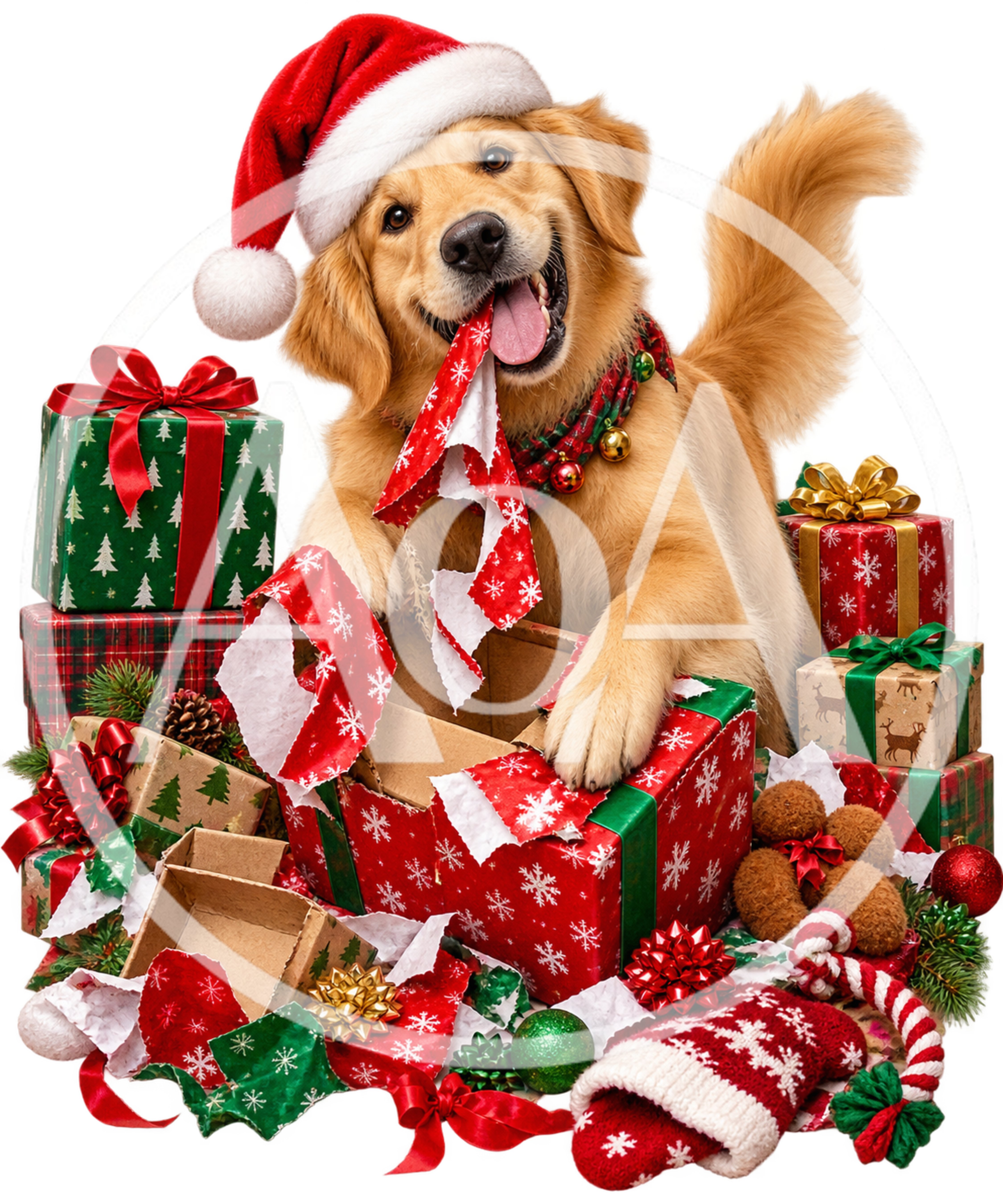 Golden Retriever Puppy Wearing Santa Hat Opening Christmas Presents