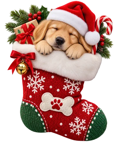 Golden Retriever Puppy Sleeping In A Christmas Stocking