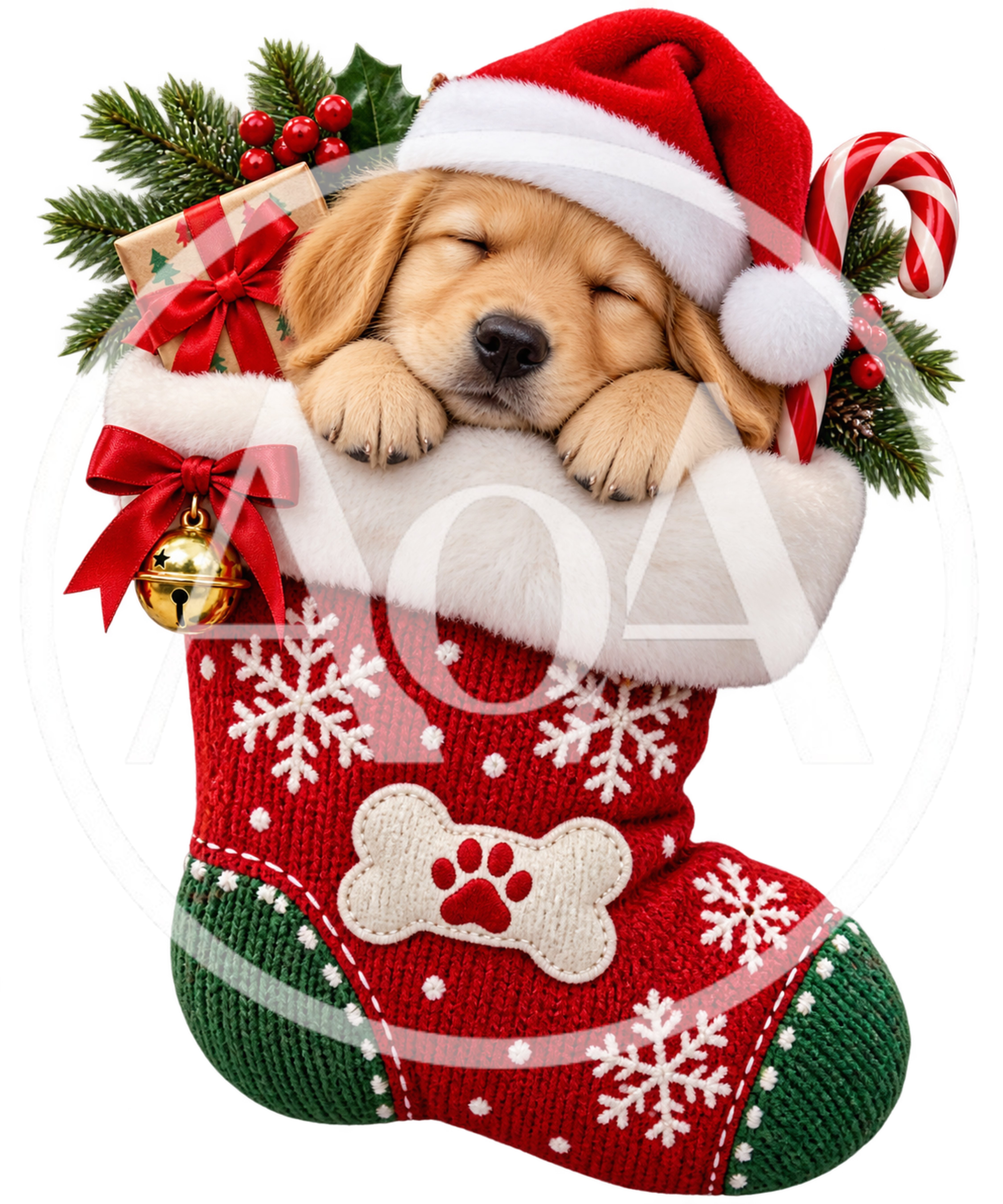 Golden Retriever Puppy Sleeping In A Christmas Stocking