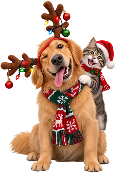 Golden Retriever and Tabby Cat Wearing Christmas Accessories