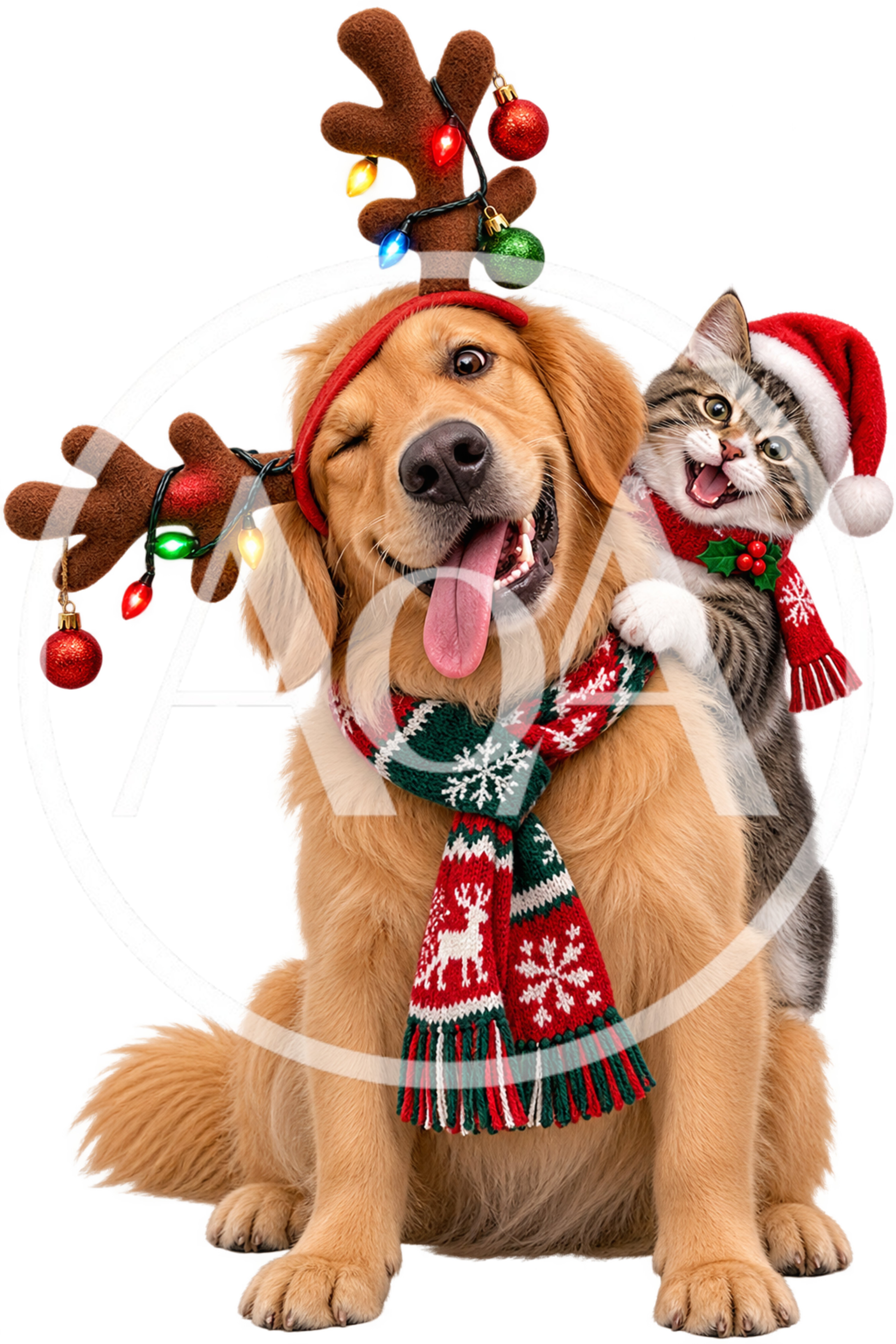 Golden Retriever and Tabby Cat Wearing Christmas Accessories