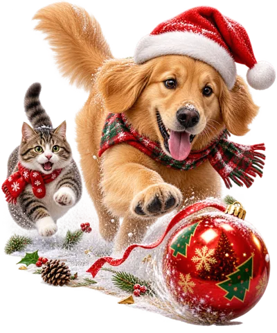 Golden Retriever and Tabby Cat Playing in Snow
