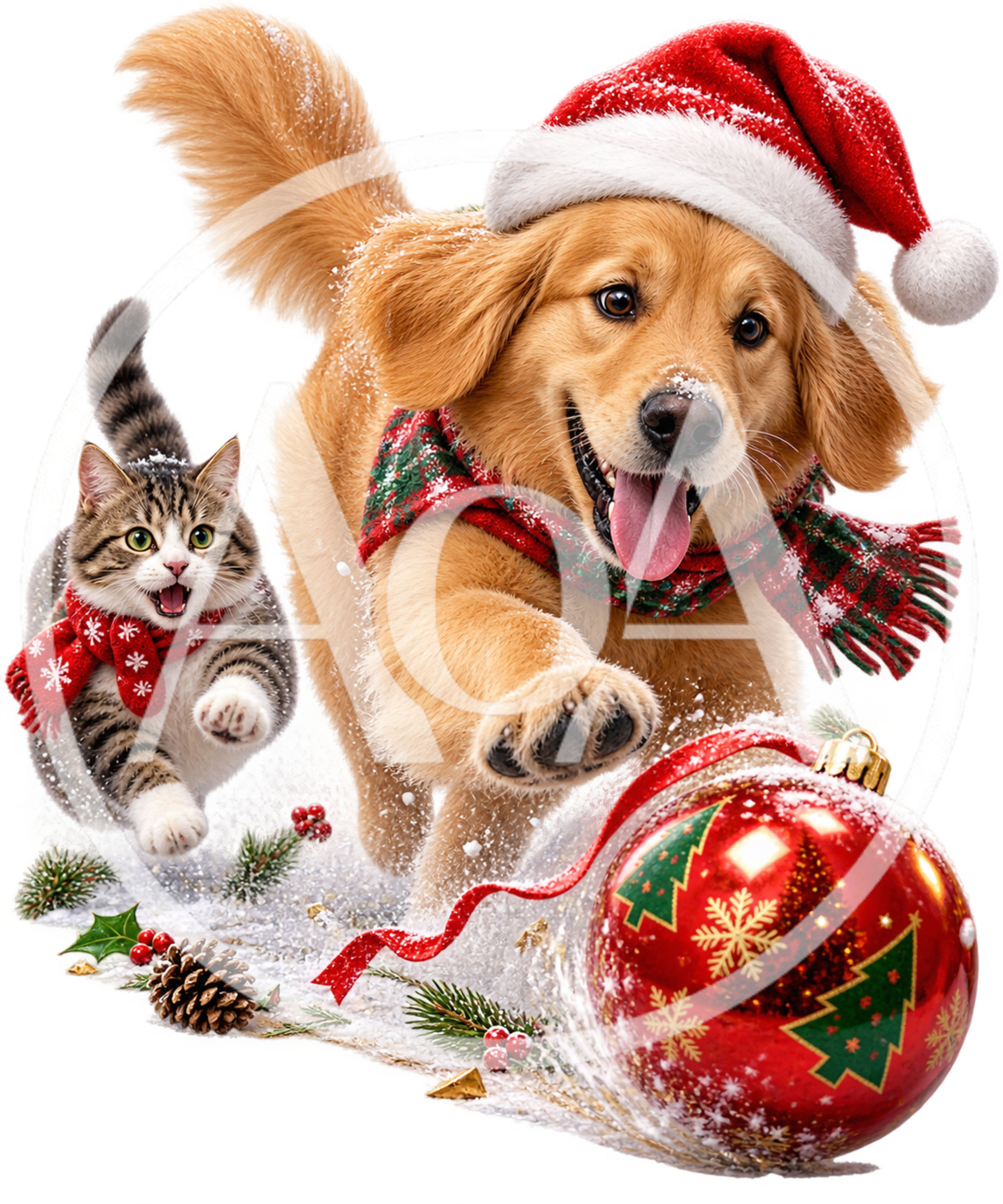 Golden Retriever and Tabby Cat Playing in Snow