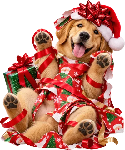 Golden Retriever Puppy Wrapped In Christmas Wrapping Paper