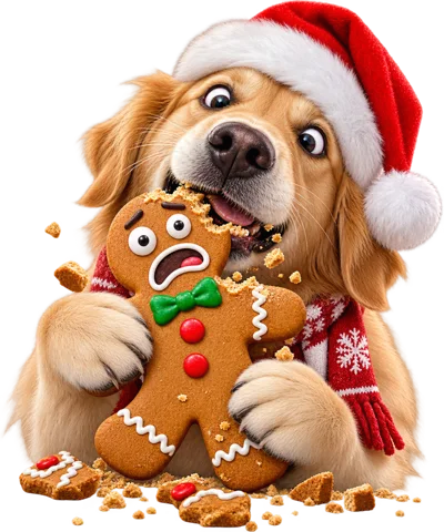 Golden Retriever Eating A Gingerbread Man Cookie