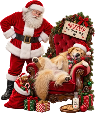 Santa Claus Standing Beside A Sleeping Golden Retriever