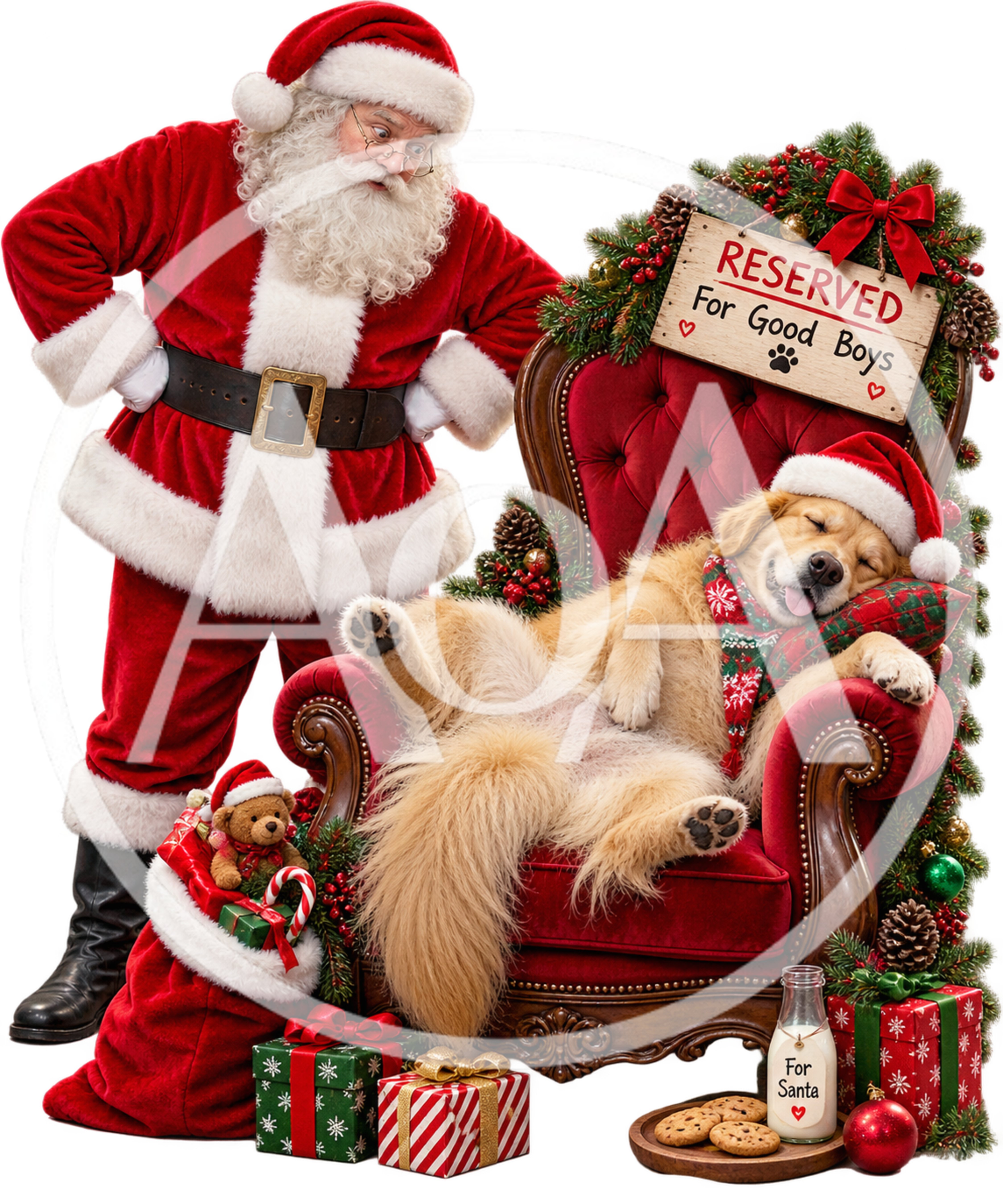 Santa Claus Standing Beside A Sleeping Golden Retriever