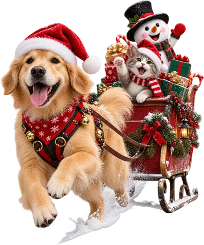 Golden Retriever Pulling Christmas Sleigh With Cat And Snowman