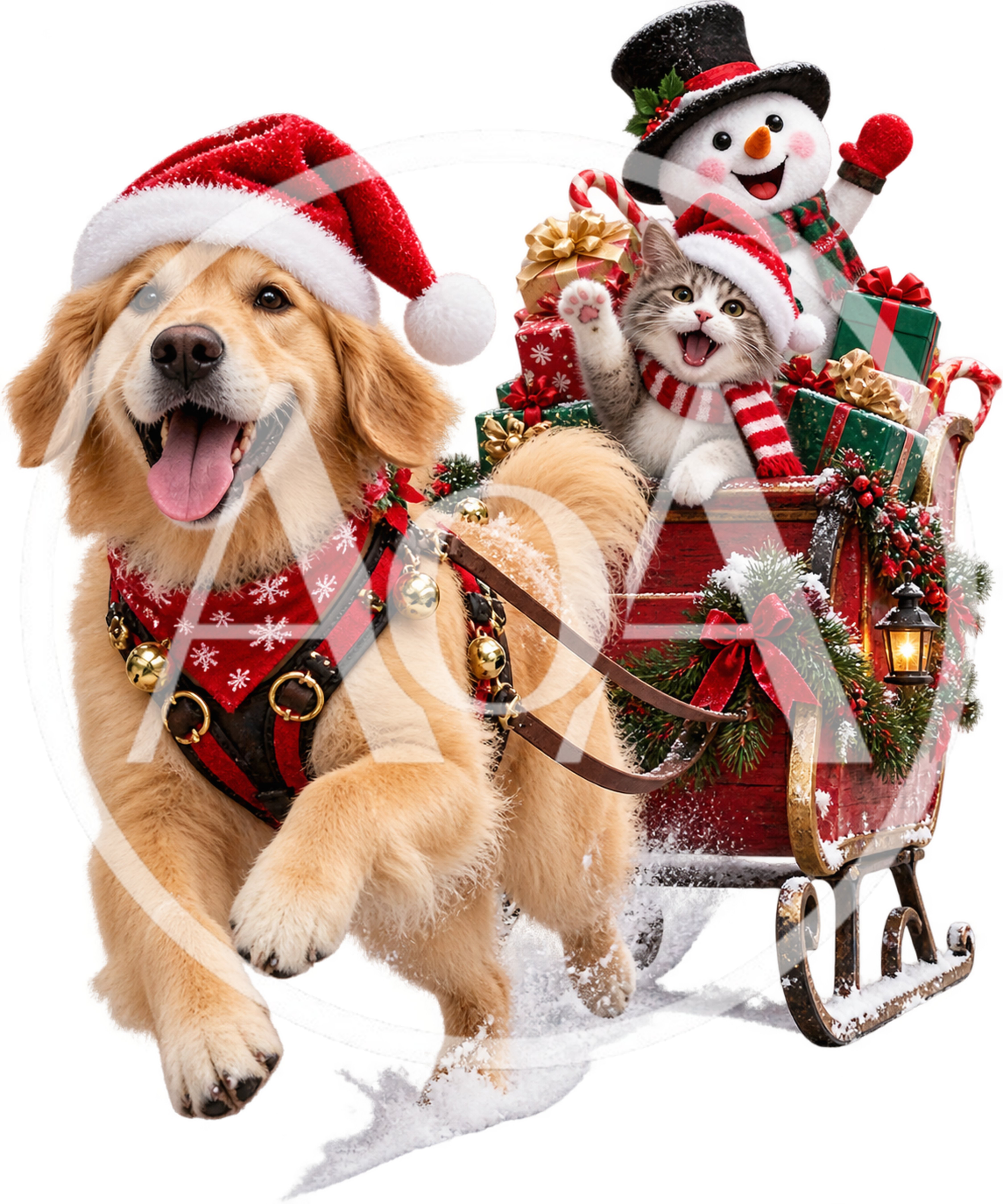 Golden Retriever Pulling Christmas Sleigh With Cat And Snowman