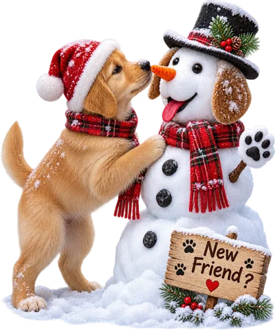 Golden Retriever Puppy Playing With A Festive Snowman