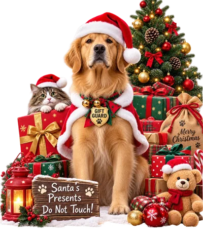 Golden Retriever and Cat Guarding Christmas Presents