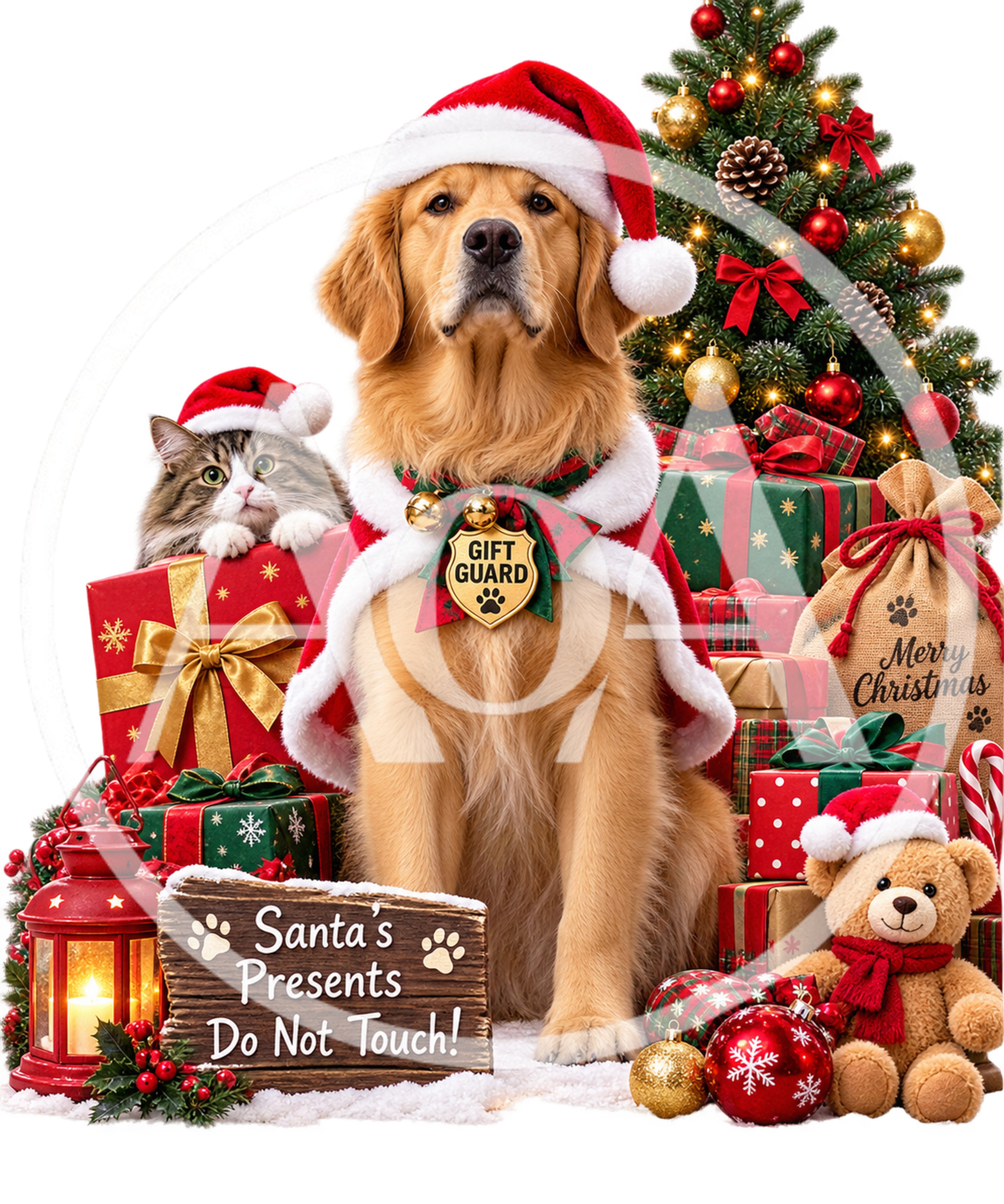 Golden Retriever and Cat Guarding Christmas Presents