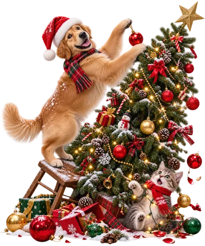 Golden Retriever and Tabby Cat Decorating Christmas Tree