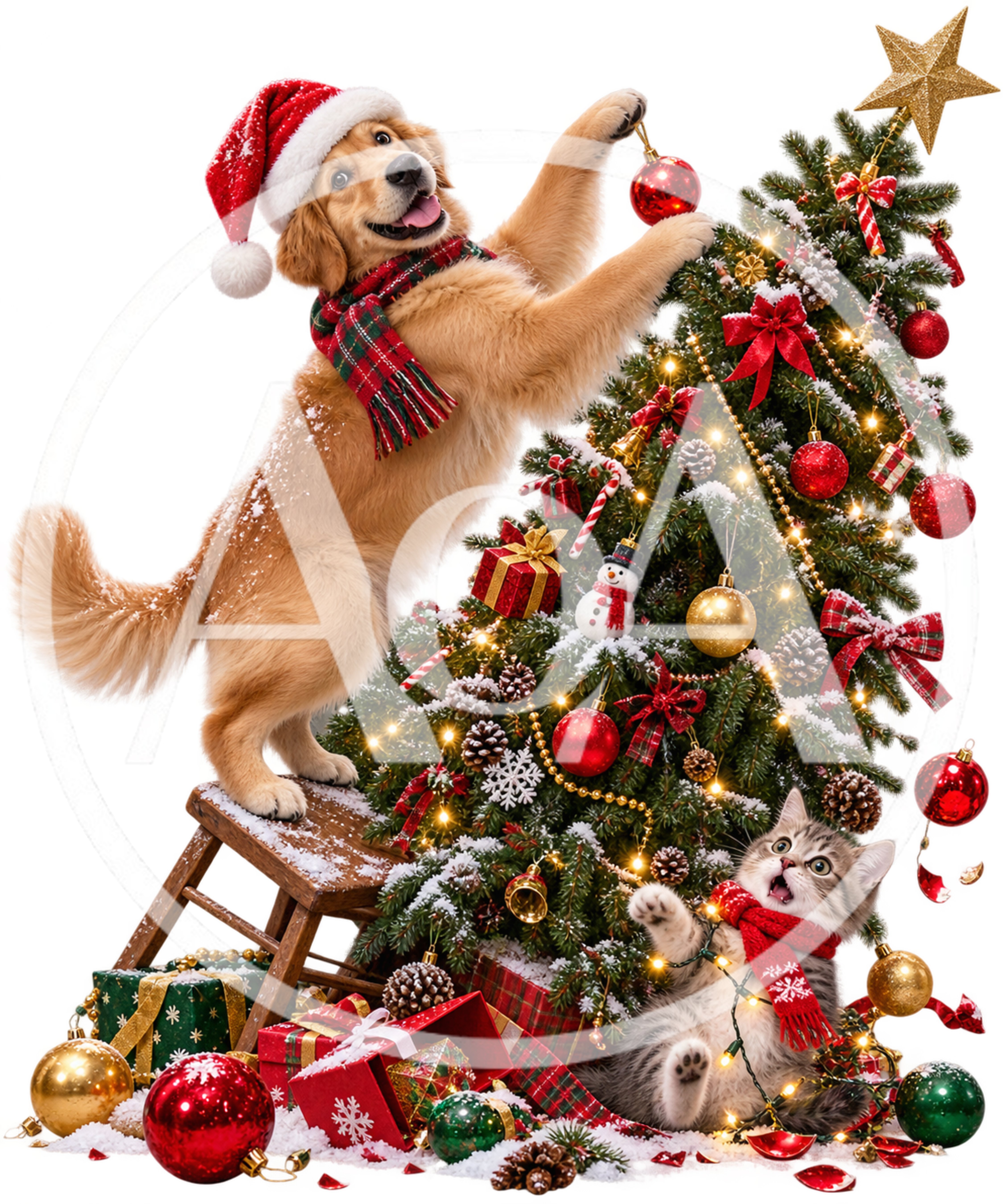 Golden Retriever and Tabby Cat Decorating Christmas Tree