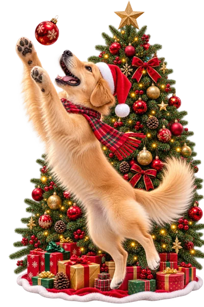 Golden Retriever Playing With Christmas Ornament Near Tree