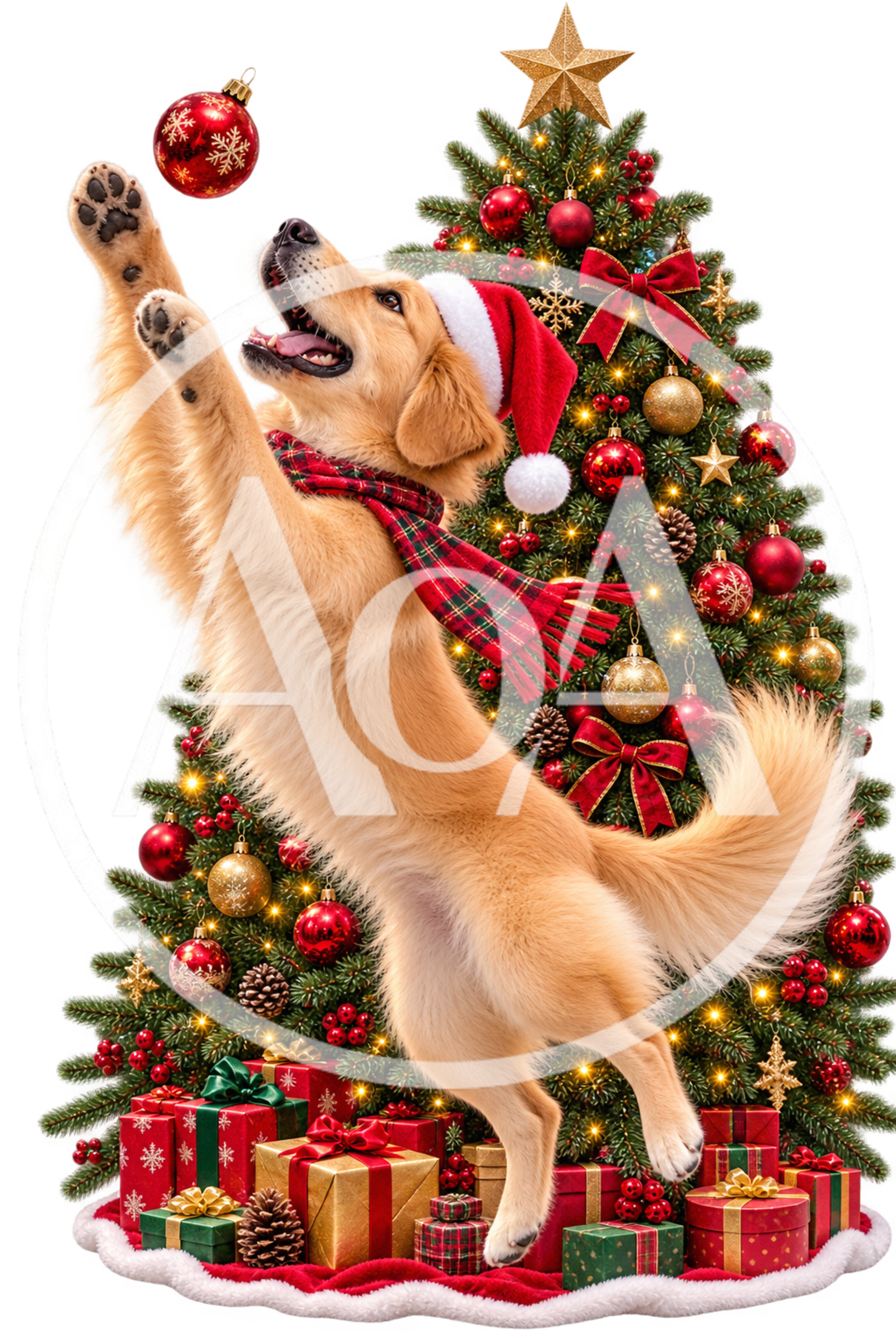 Golden Retriever Playing With Christmas Ornament Near Tree