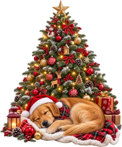 Golden Retriever Puppy Sleeping Under Decorated Christmas Tree