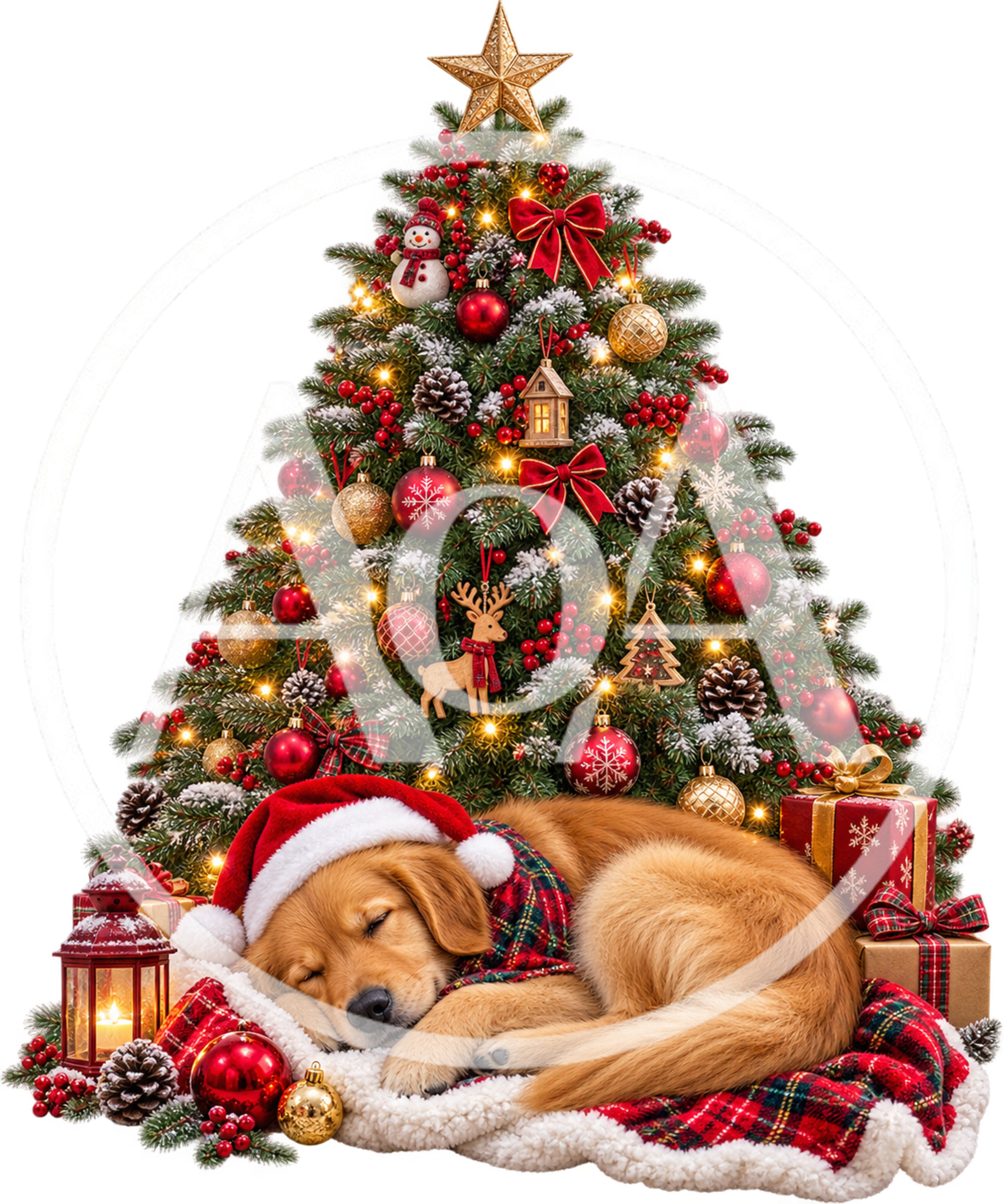 Golden Retriever Puppy Sleeping Under Decorated Christmas Tree