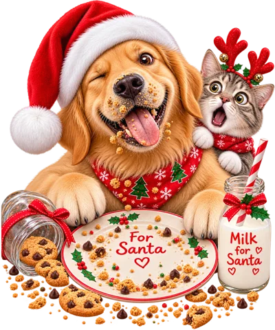 Golden Retriever and Tabby Cat Celebrating Christmas