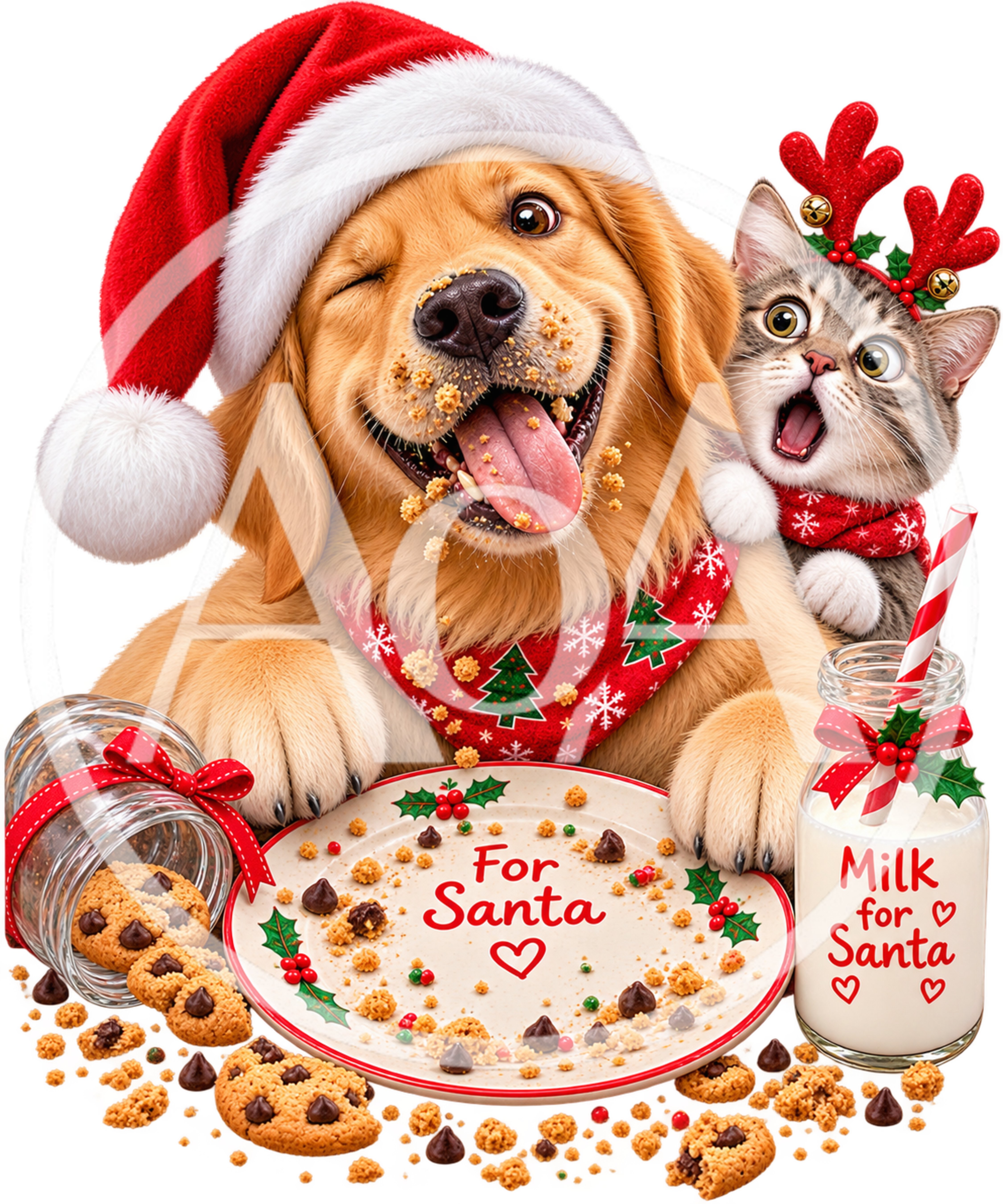 Golden Retriever and Tabby Cat Celebrating Christmas