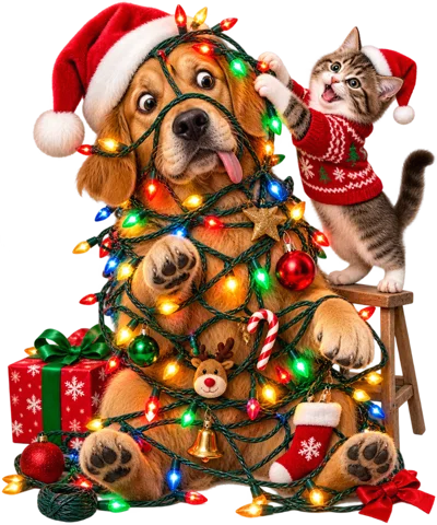 Golden Retriever Dog and Tabby Kitten Tangled in Christmas Lights