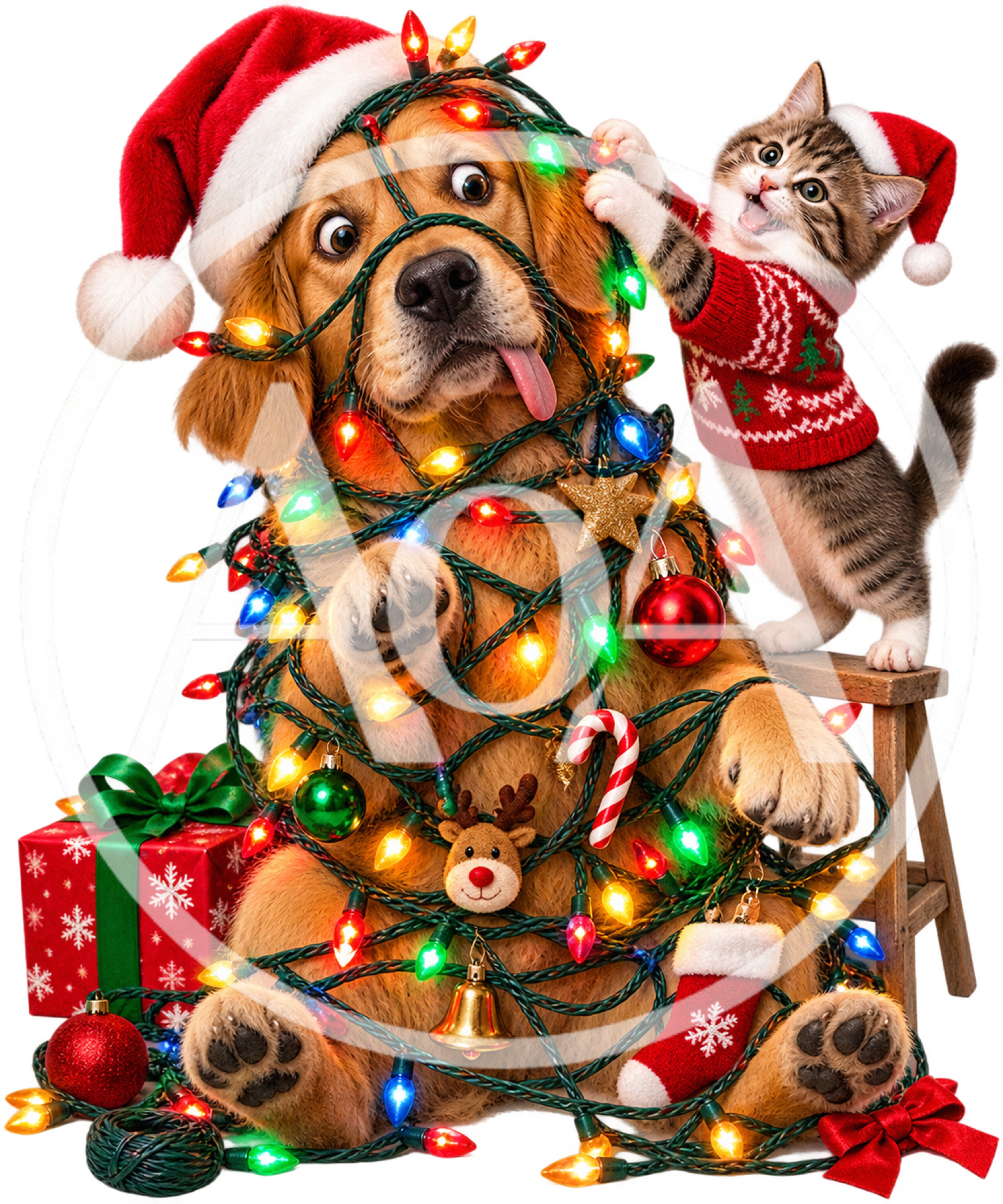 Golden Retriever Dog and Tabby Kitten Tangled in Christmas Lights