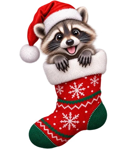 Cute Raccoon Wearing Santa Hat Inside Christmas Stocking