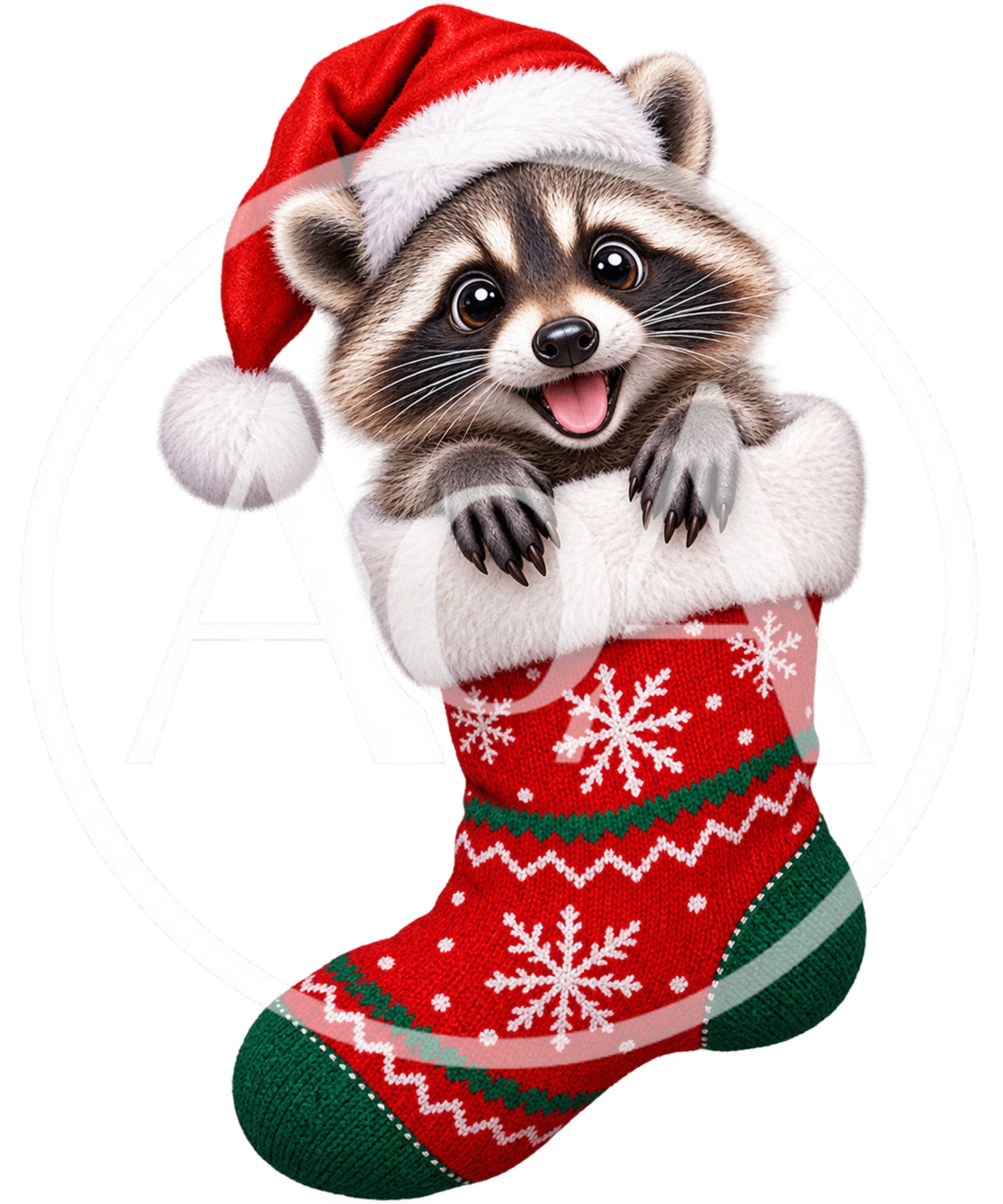Cute Raccoon Wearing Santa Hat Inside Christmas Stocking