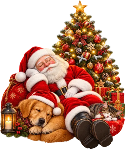 Santa Claus Sleeping With Puppy And Kitten