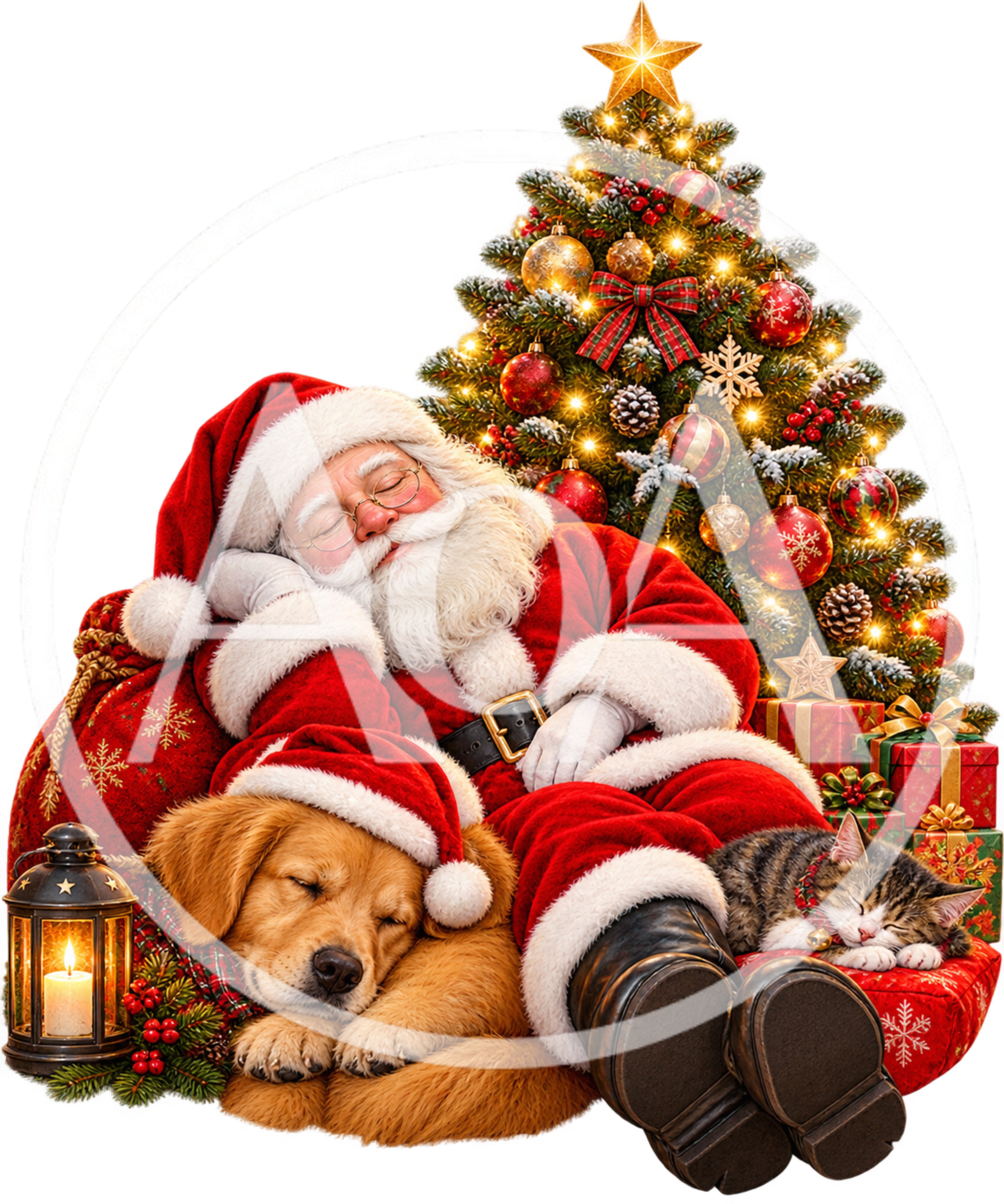 Santa Claus Sleeping With Puppy And Kitten
