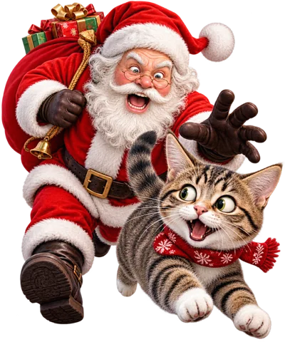 Santa Claus Running With A Playful Tabby Kitten