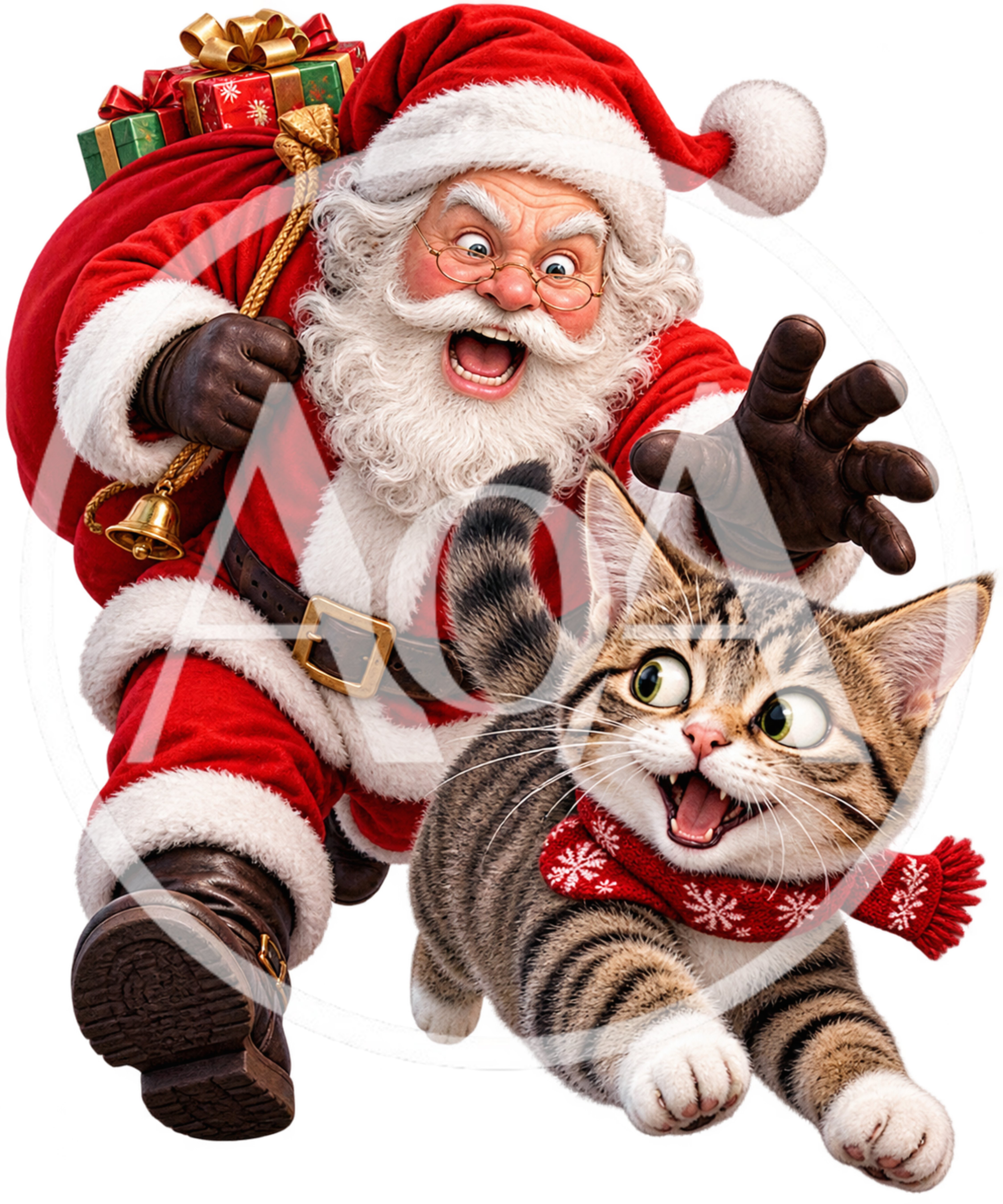 Santa Claus Running With A Playful Tabby Kitten