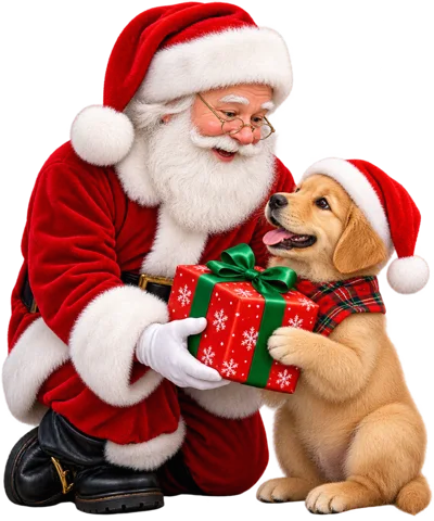 Santa Claus Giving A Christmas Gift To A Puppy