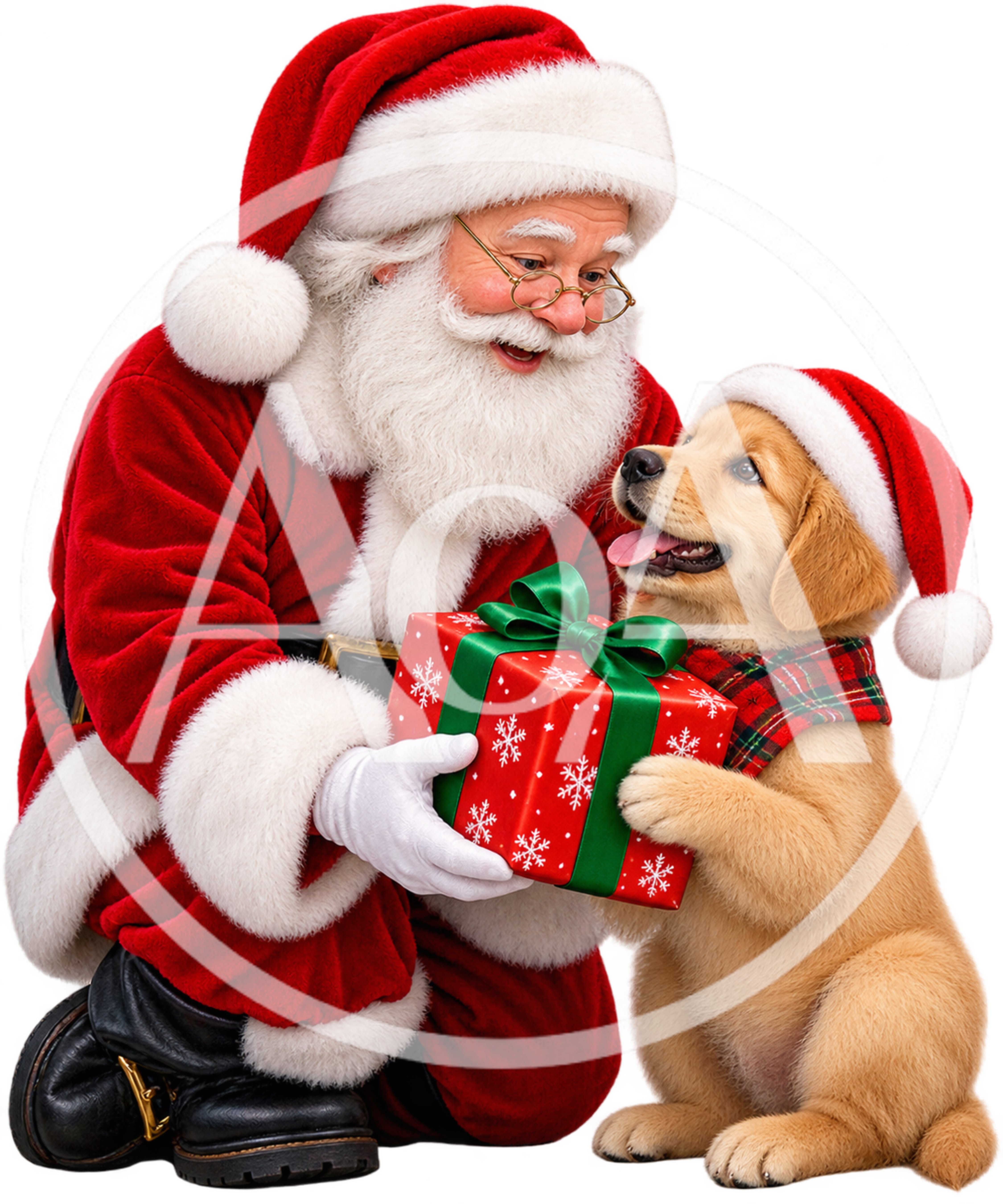 Santa Claus Giving A Christmas Gift To A Puppy