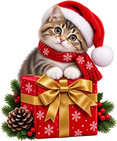 Cute Tabby Kitten Wearing Santa Hat On Christmas Gift