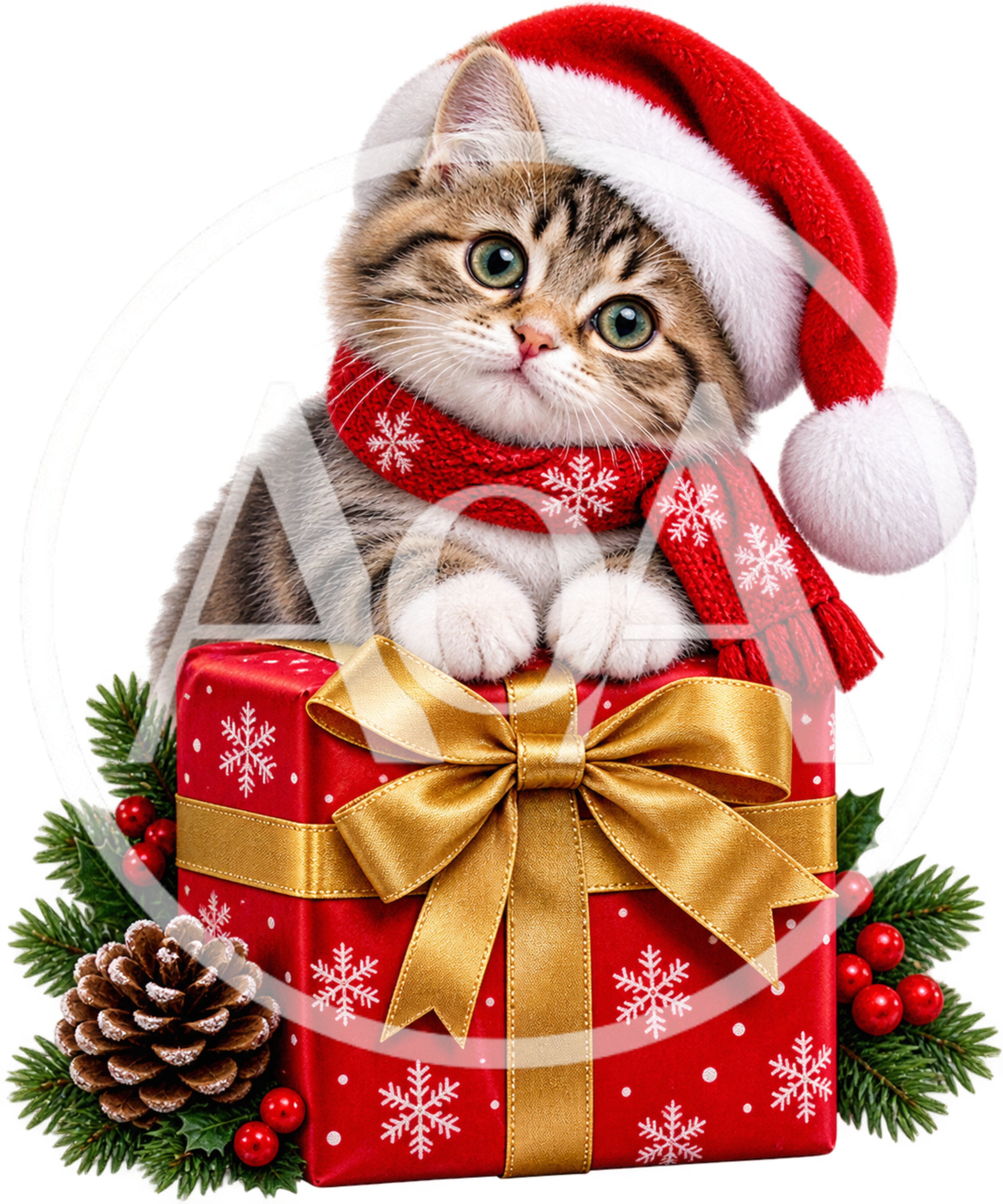 Cute Tabby Kitten Wearing Santa Hat On Christmas Gift