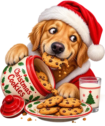 Golden Retriever Wearing Santa Hat Eating Christmas Cookies