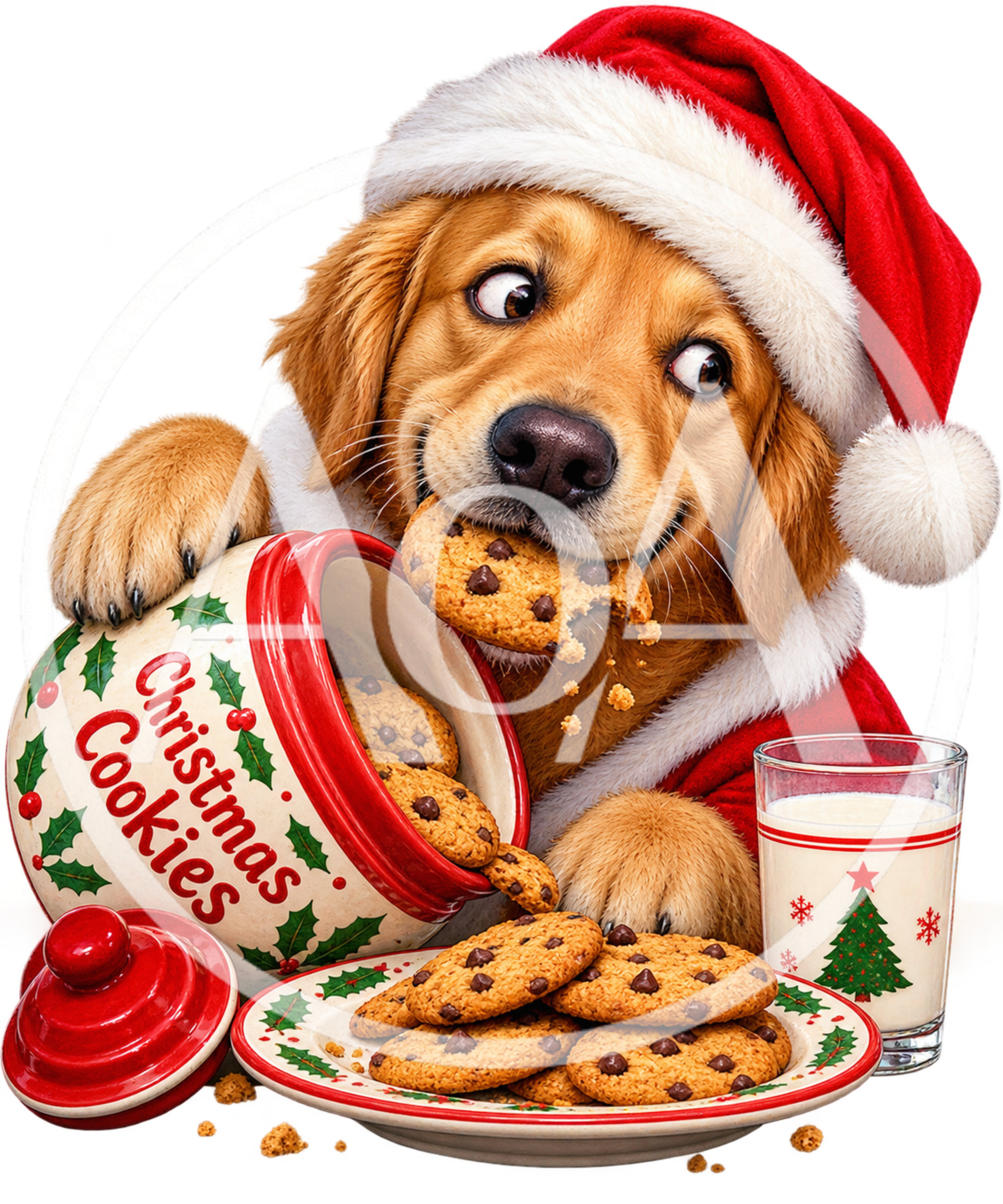 Golden Retriever Wearing Santa Hat Eating Christmas Cookies