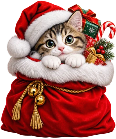 Cute Tabby Kitten Inside A Red Santa Christmas Sack
