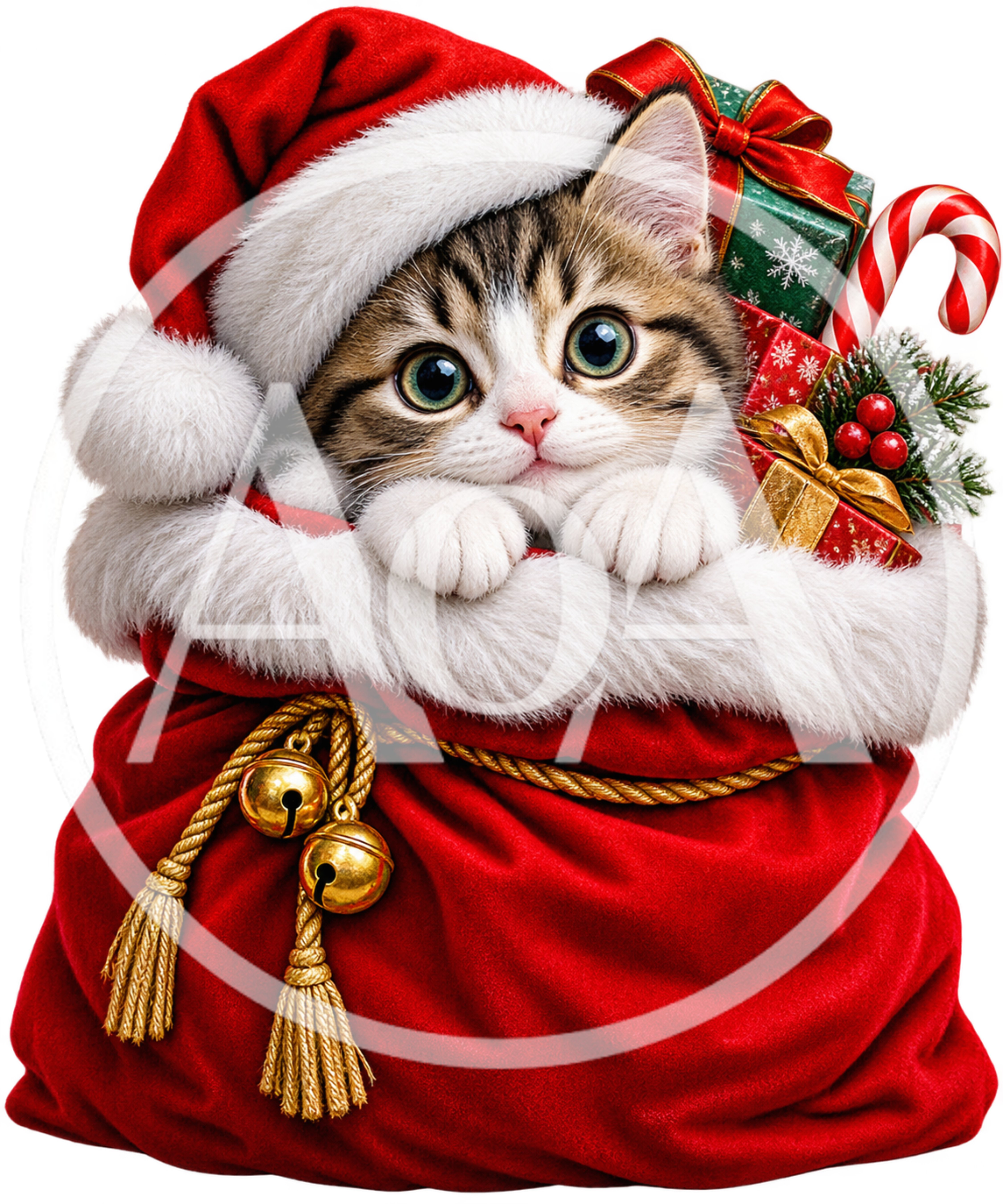 Cute Tabby Kitten Inside A Red Santa Christmas Sack