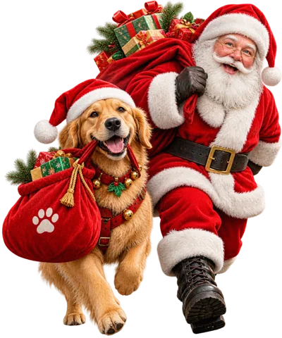 Santa Claus Running With A Golden Retriever Dog