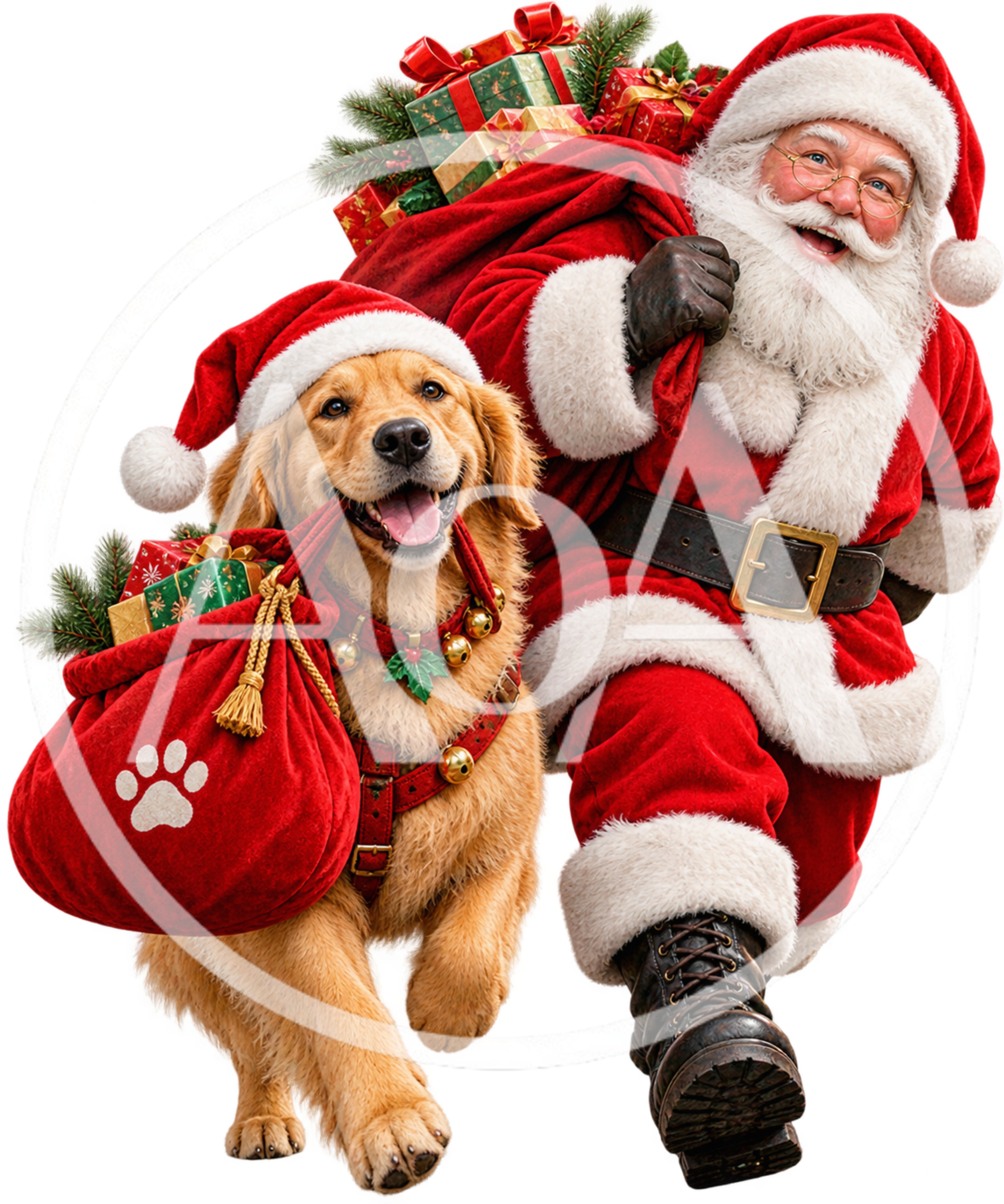 Santa Claus Running With A Golden Retriever Dog