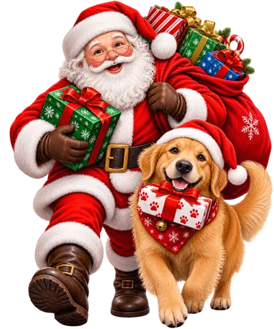 Santa Claus Walking With A Golden Retriever Puppy
